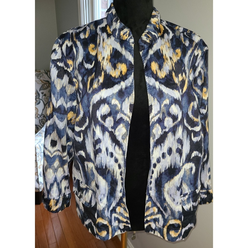 Chico's Sz 3 Abstract Print Linen Blend Open Crop Jacket Top Cover 3/4 Sleeve
